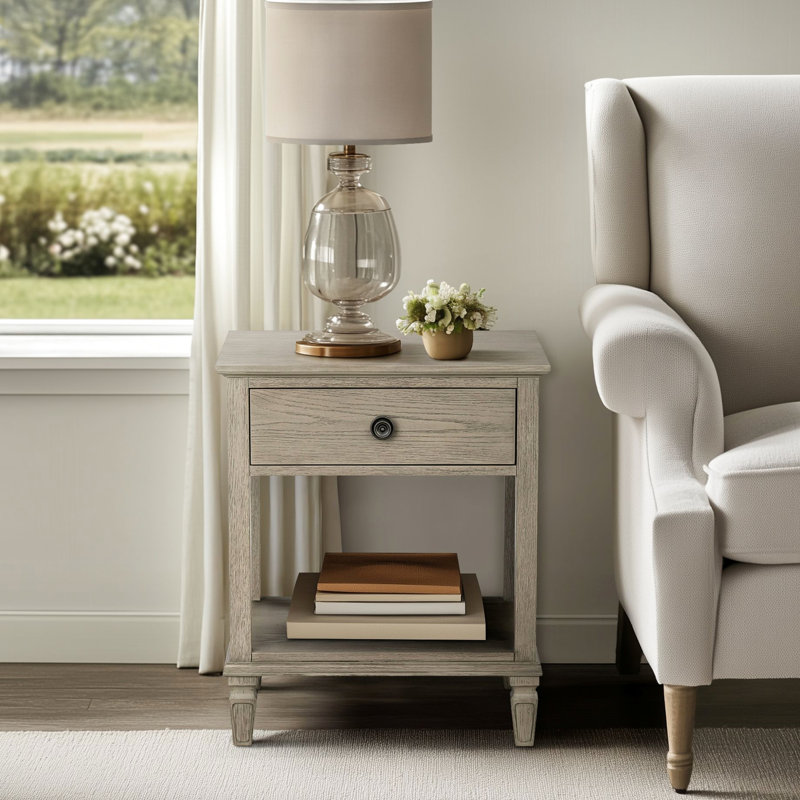 Night Stand In Reclaimed Grey Tint, Open Storage Option With 1 Drawer And Shelf, Natural Finish Wire Bursh Feature, Assembly Needed, Wood Veneer Color Scheme, Setup One Design, Required, Solid Legs