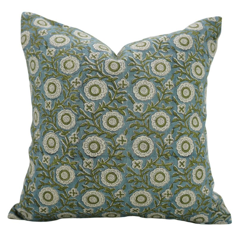 Coussin à motif de fleurs fabriqué à la main Fabividine, Imprimé bloc vert / floral 1, Carré 14 po