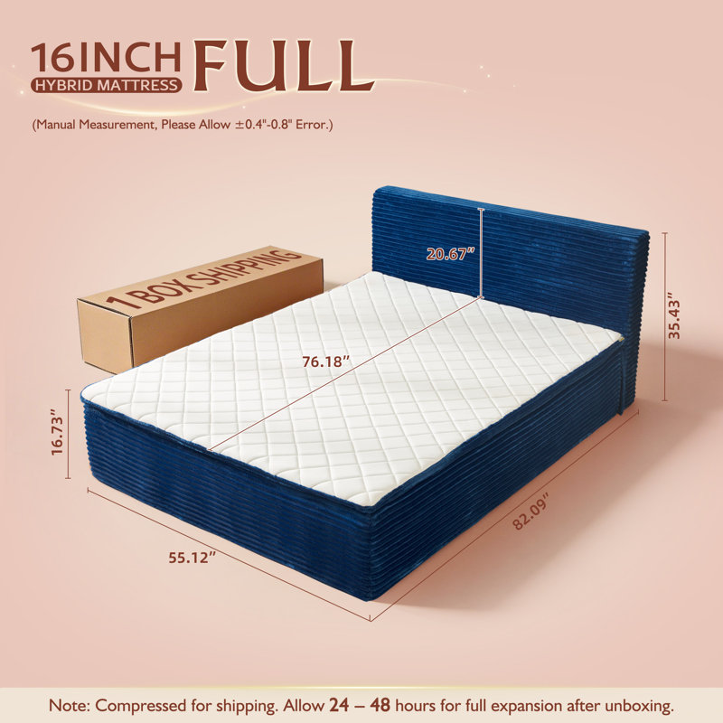 Full 16" Extra-Thick Memory Foam Mattress with Headboard, All-in-One Bed, No Assembly Platform Bed, Medium Firm, No Box Spring Needed