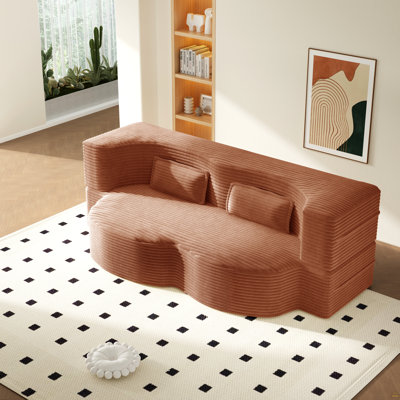 Modern Floor Sofa With 2 Pillows,Convertible Corduroy Fabric Foam-Filled Sleeper Sofa Bed