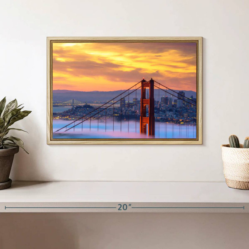 Golden Gate, coucher de soleil sur l'horizon, 13 po x 9 po, Cadre flottant en bois naturel