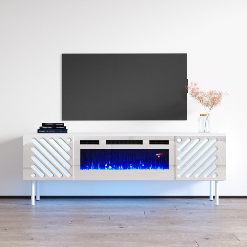 Metherell 63" Modern TV Stand with Electric Fireplace, High Gloss Finish, Media Storage, White