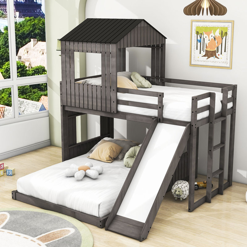 Lit superposé en bois en forme de L avec glissoire Harper, Gris antique, Twin over Full  