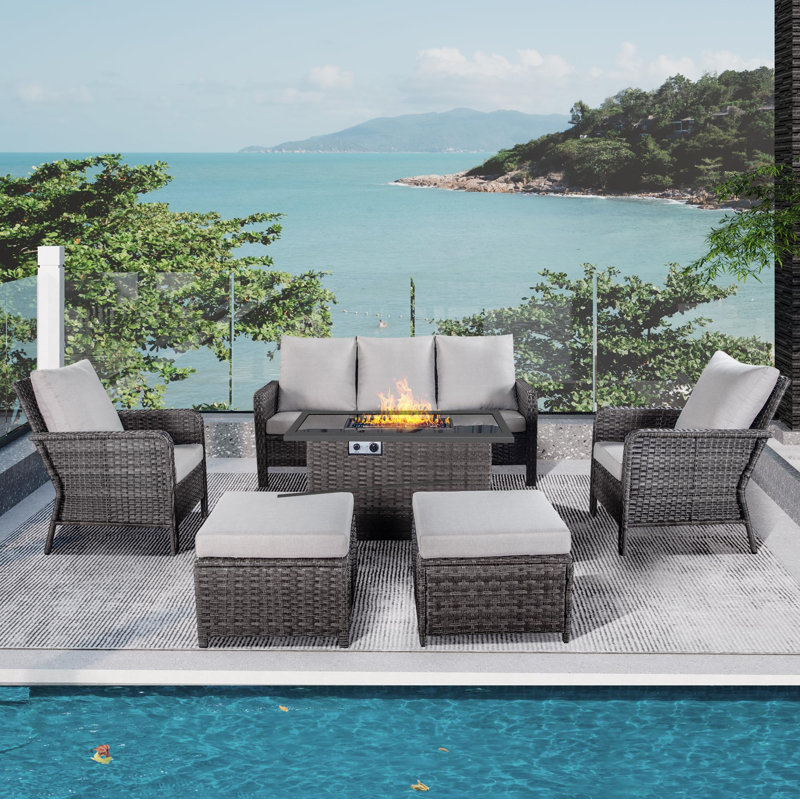 7 - Person Rectangular Outdoor Dining Set with Fire Pit Table and Cushions, Beige, Grayish Brown