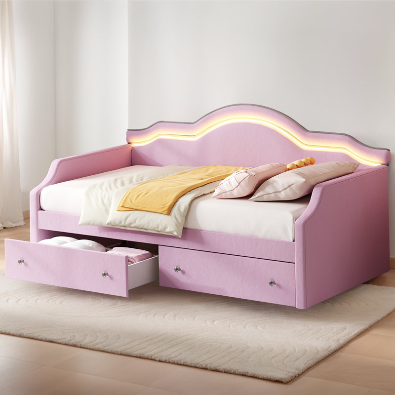 Upholstered Daybed With Led And 2 Drawers, Twin, Pink