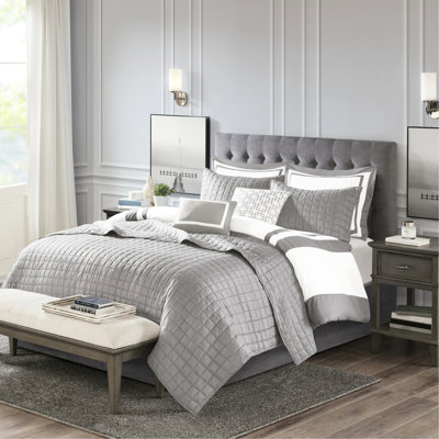 Grey Full/queen 8 Piece Bedding - Embroidered Decorative Pillows In Comforter And Quilt With Details