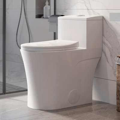 Toilette une pièce Arlo, fauteuil brut 10 po, hauteur de chaise ADA 17,3 po, chasse double 0,8 / 1,28 GPF, conception allongée et peu encombrante.