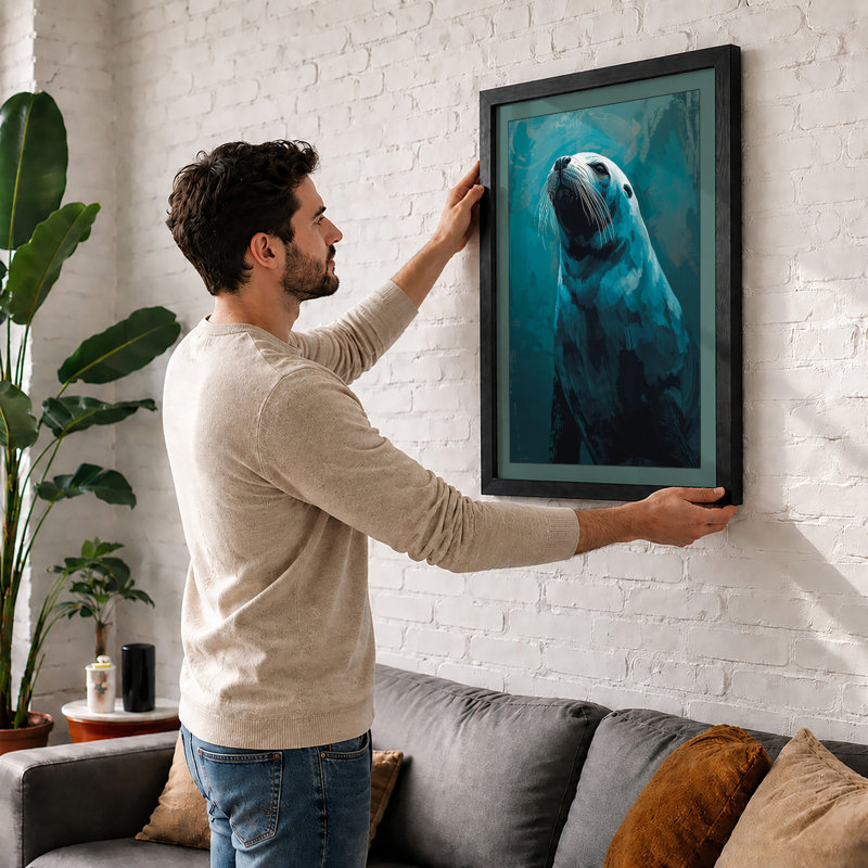 Seal In Teal Waters Coastal - Print, Black, A3 - 42.0 x 29.7 cm