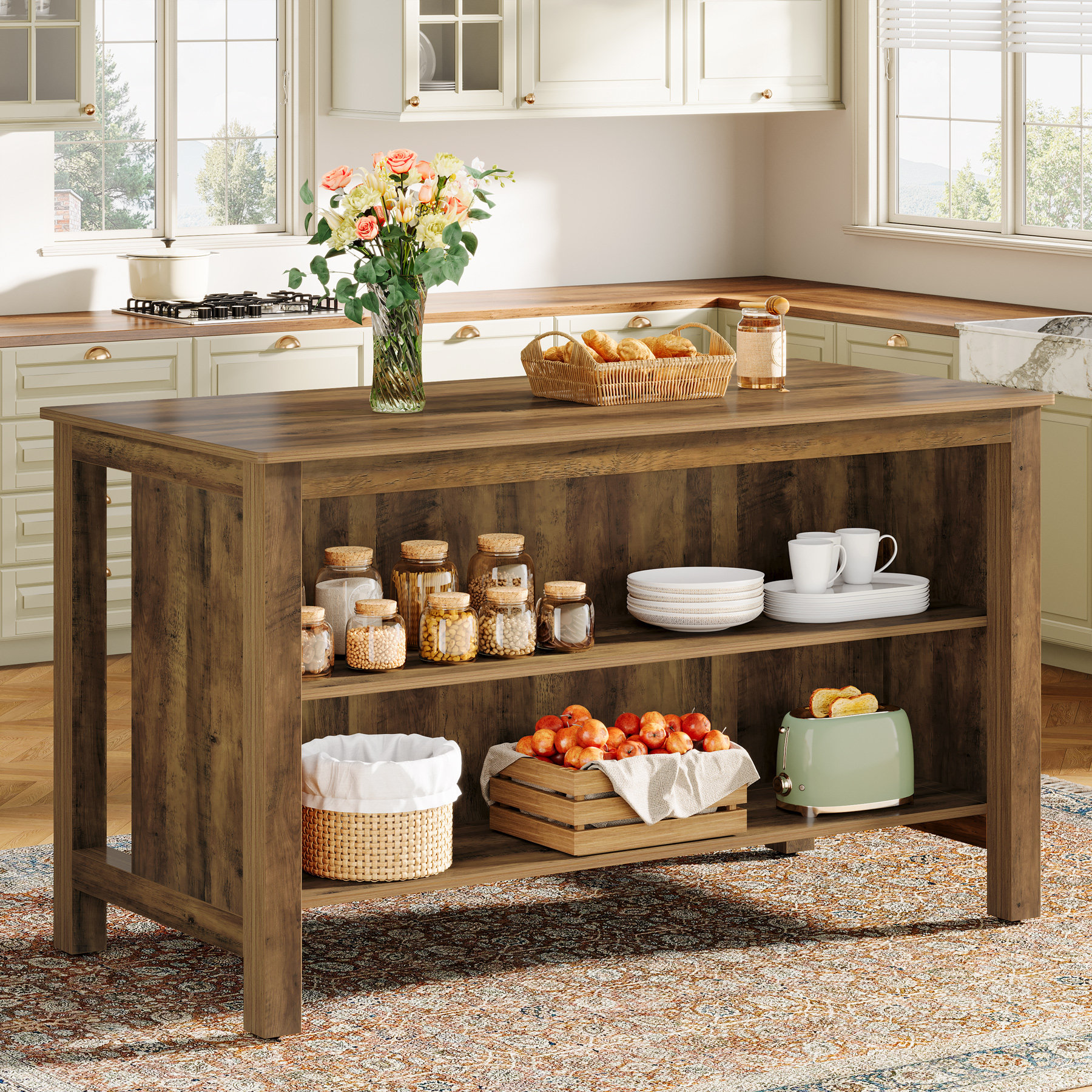 Winston Porter 59 Inch Large Kitchen Island Table with 2-Tier Open Storage  | Wayfair, image size:1800x1800