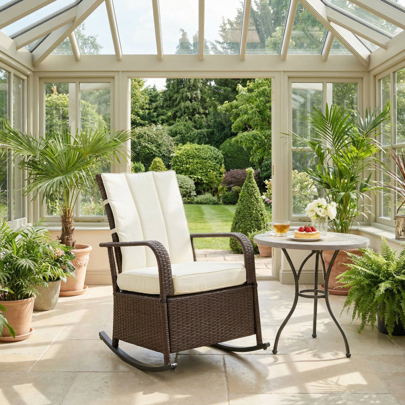Fauteuil inclinable et berçant en rotin d'extérieur, Coussin blanc/ Cadre brun