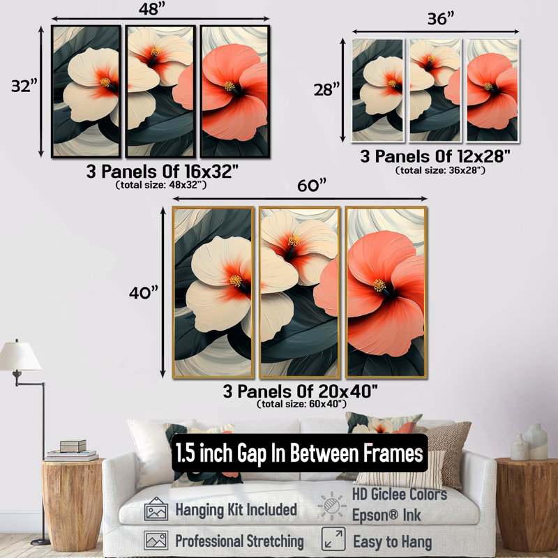 Coucher de soleil Hibiscus liquide Art Harmony I - Hibiscus Wall Art - ensemble de 3, H 28 po x l 36 po, Noir