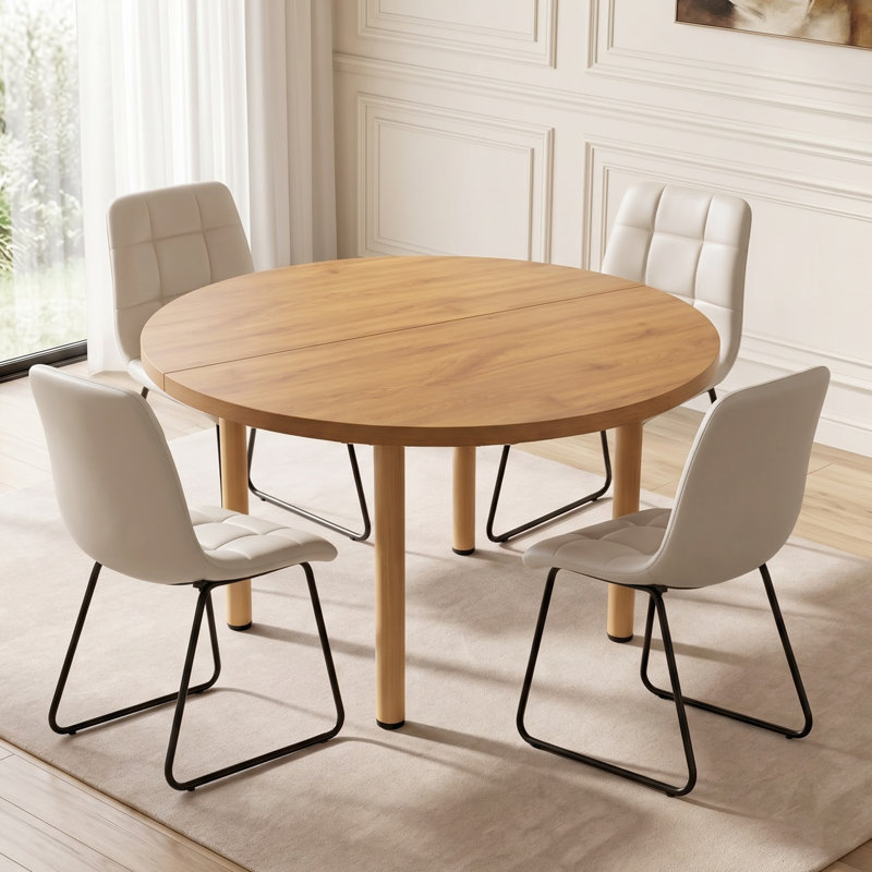 Ensemble de table et de chaises rondes pour 4 personnes, de style moderne, aspect bois, avec 4 chaises rembourrées avec piètement en traîneau. Économisez de l'espace idéal pour les petits espaces.