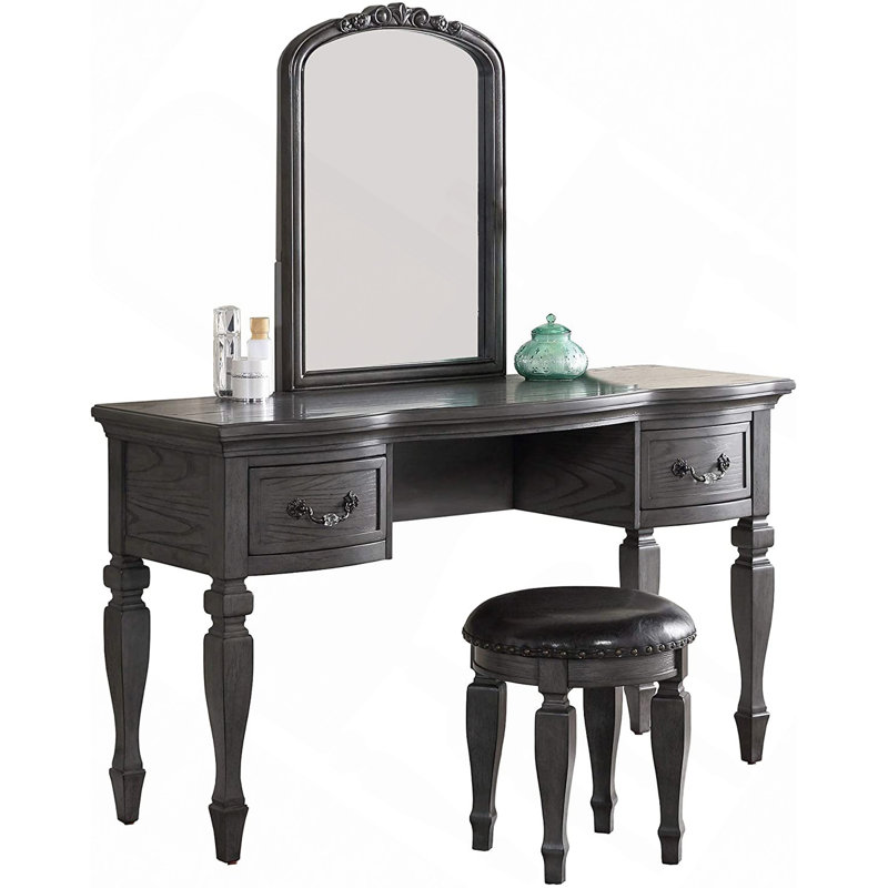 Bedroom Classic Vanity Set Wooden Carved Mirror Stool Drawers Antique  Finish, Gray