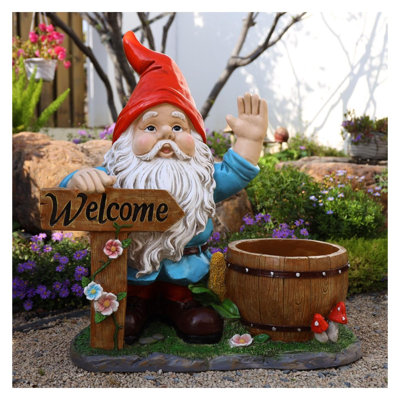 Garden Gnome Flower Pot Planter - Outdoor Statue, Yard Decoration, Unique Lawn Ornament, Weather-Resistant Resin Gnome with Planter Box Red