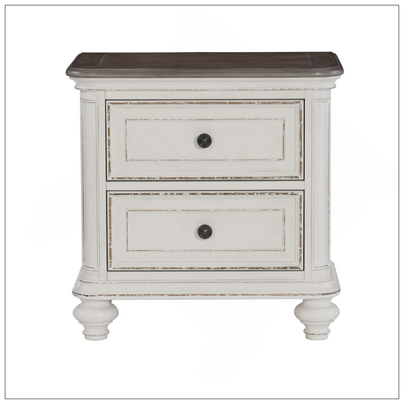 Table de chevet blanche antique avec tiroirs, design traditionnel pour des meubles de chambre à coucher élégants