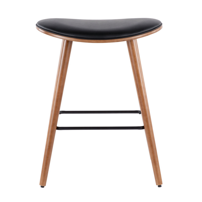 Saddle 26" Mid-Century Modern Counter Stool In Walnut And Black Faux Leather By Lumisource - Set Of 2, Black