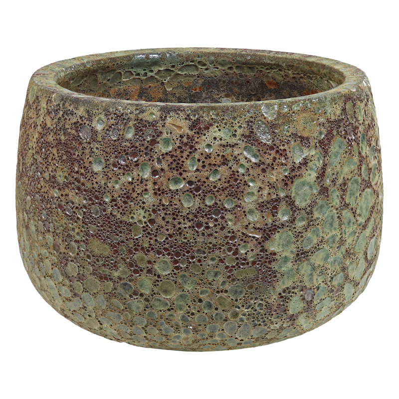 Kevelle Round Green Lava Finish Ceramic Outdoor Planter Pot, 10" H x 14" W x 14" D, 1
