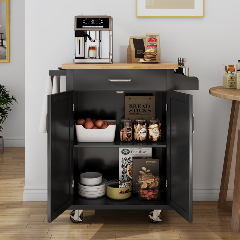 Îlots de cuisine sur roulettes avec plateau en bois d'hévéa, Noir