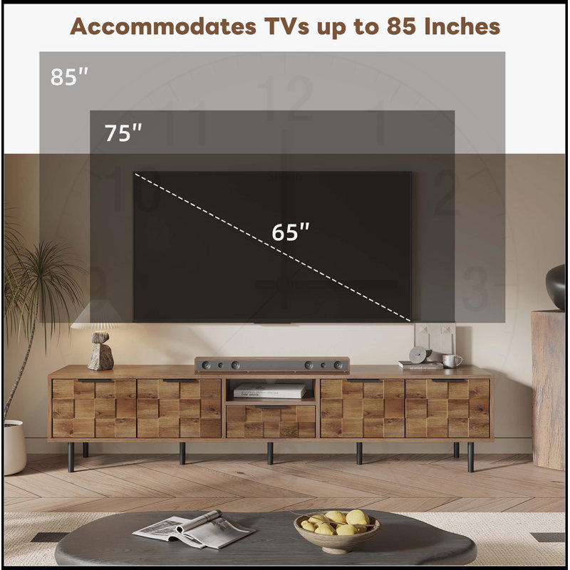 Meuble télé 78 po pour téléviseurs 85 75 65 po, centre de divertissement avec rangement à carreaux classique