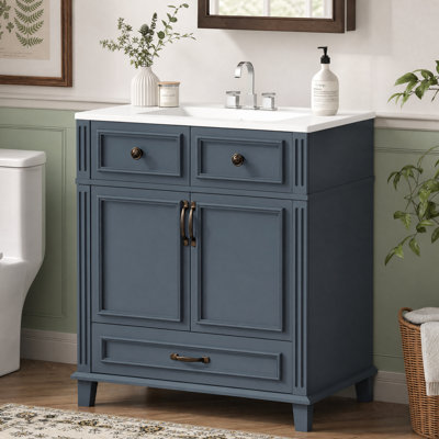 30" Bathroom Vanity With Ceramic Sink, Solid Wood Frame, Soft Closing Doors & Ample Storage, Blue Retro Style - Blue