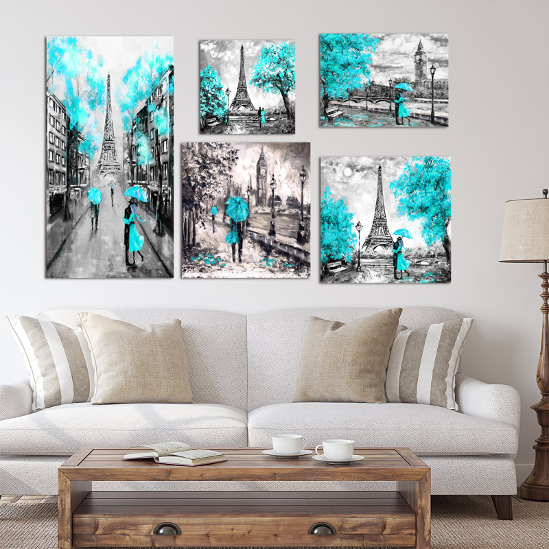 Ensemble de 5 reproductions de toiles traditionnelles sur toile en turquoise paris london collection