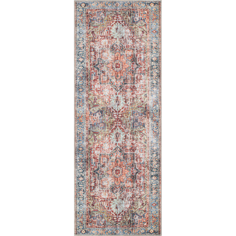 Alice Machine Washable Oriental Flatweave Performance Red/Blue/Ivory Multi Area Rug, Runner 20" X 60"