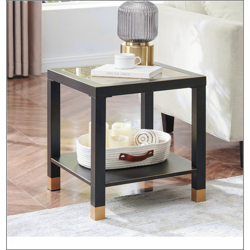 Boho Style Square Side Table With Shelf, Tempered Glass And Metal Frame For Living Room And Bedroom, 2-Tier Design