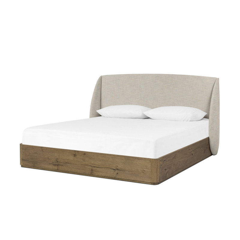 Maeve Upholstered Wingback Bed, Queen, Cambric Ivory/Natural Oak