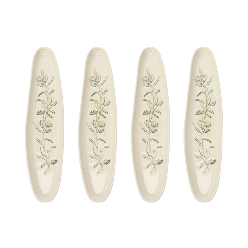 Oval Debossed Stoneware Tray with Botanical Design and Green Reactive Crackle Glaze
