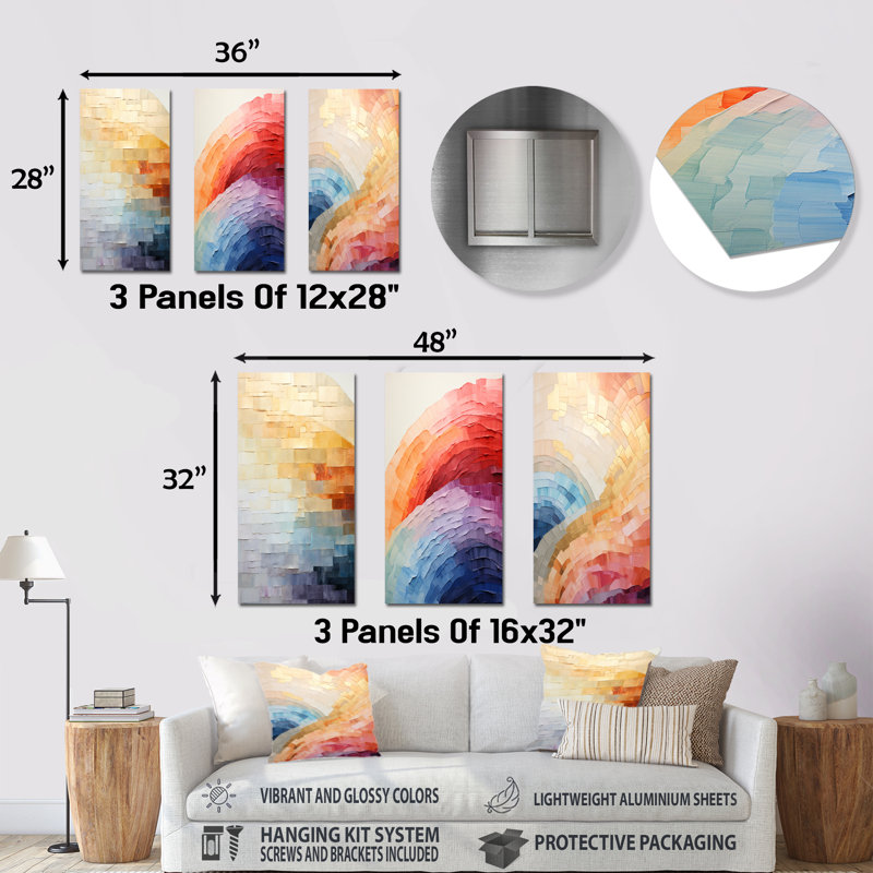 Minimalisme couleurs en harmonie - ensemble de 3 reproductions d'art mural abstraites en métal, H 32 po x l 48 po