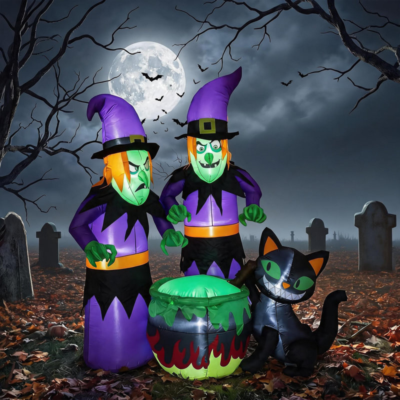 Chat gonflable noir de 1,80 m se gratte autour d'un chaudron pour l'Halloween, avec 6 DEL