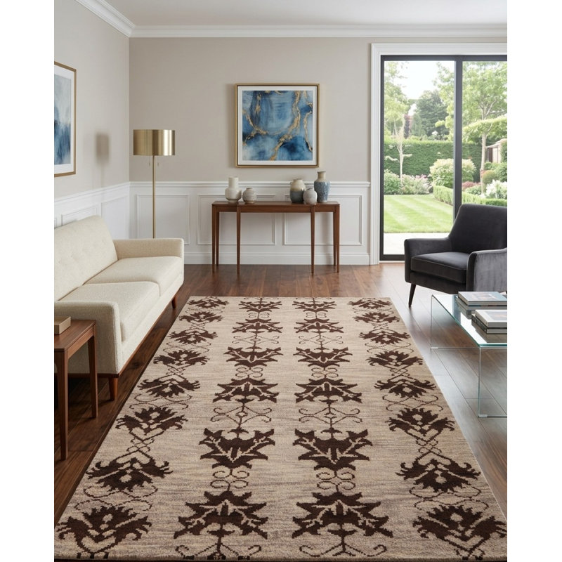 Brown Wool Handmade Floral Hand Knotted Rectangle Indoor Area Rug, Rectangle 8' x 10'