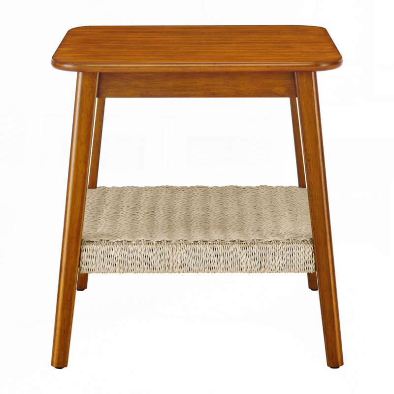 Side Table with Woven Shelf, Boho Side Table with Storage
