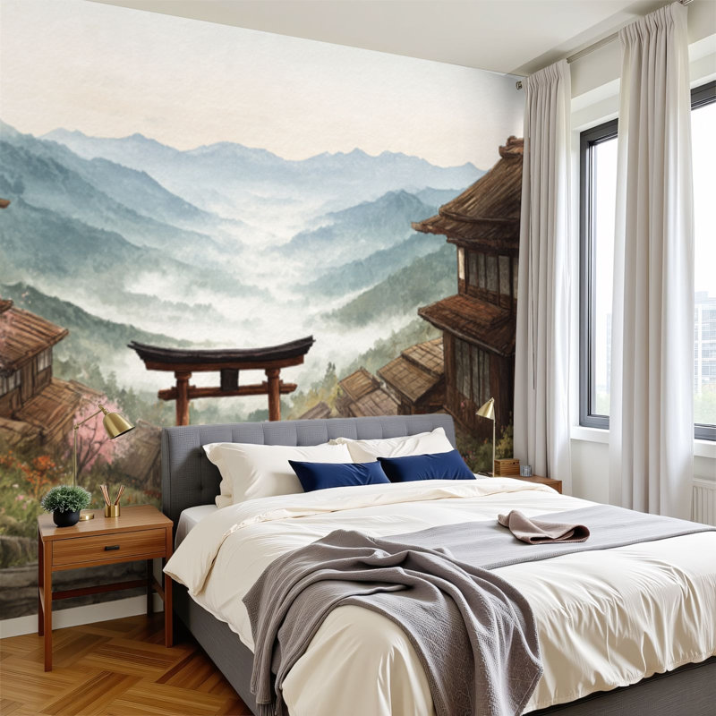 Papier peint adhésif peler et coller Serene Japanese Mountain Village, 144" L x 100" W