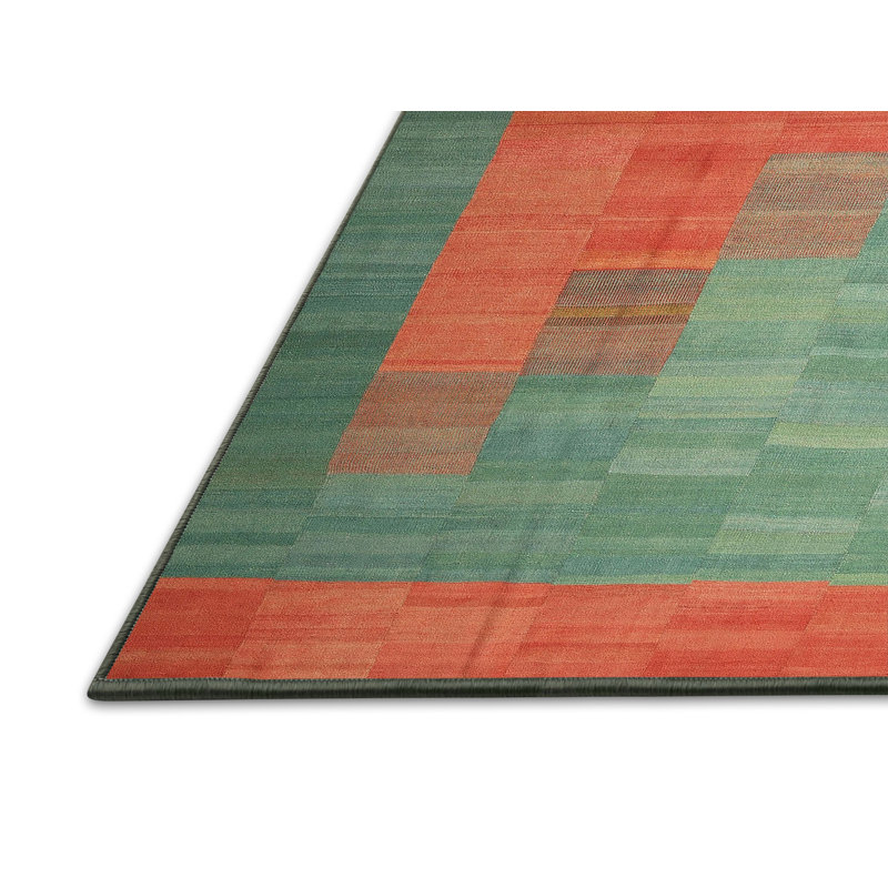 Tapis de zone verte/orange contemporaine, Rectangle 3 pi x 5 pi
