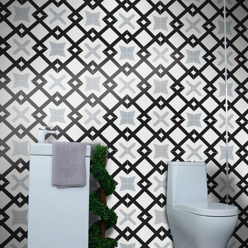 Berkane 8" x 8" Cement Patterned Wall & Floor Tile, Black/Gray