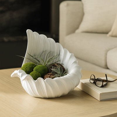 Decorative Ceramic Shell Inspired Bowl for Living Room Decor - Modern Shell Inspired Accent Bowl for Entryway or Shelf Styling - 16", White