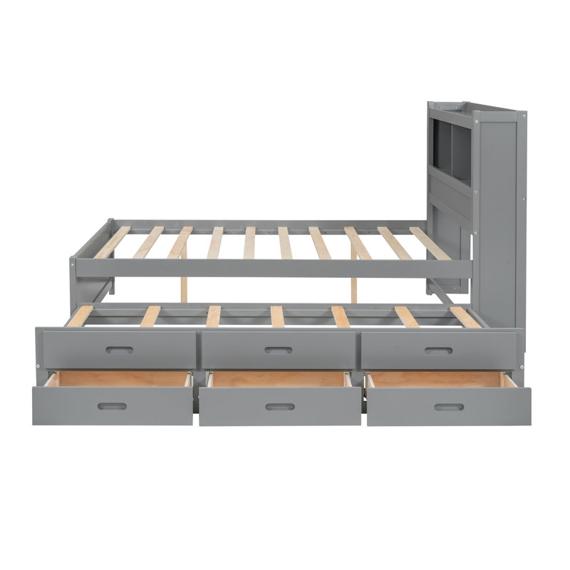 Lit plateforme double avec lit gigogne, tiroirs et ports USB - Structure de lit de rangement en pin gris avec tablettes de tête de lit