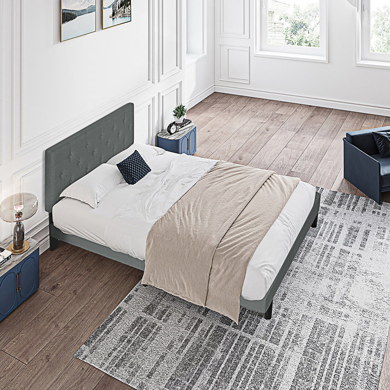 Base de lit tapissier grand format avec tête de lit capitonnée à boutons, Gris foncé