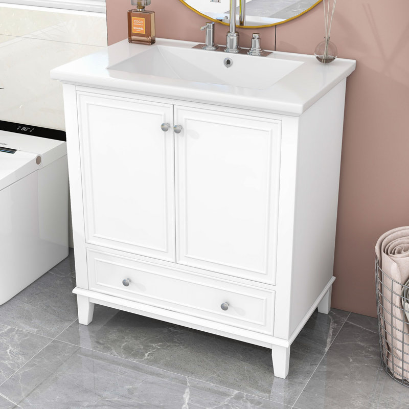 Nadira 30'' Freestanding Bathroom Vanity with Ceramic Top, Storage Cabient and Drawer, White