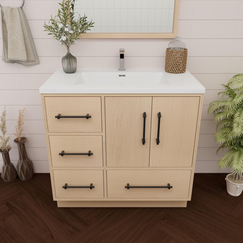 Meuble-lavabo simple 35,4 po avec plateau en acrylique Victoria, Chêne jaune