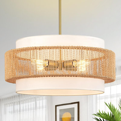 Boho Rattan Chandelier Pendant Light With Fabric Lampshade, 4-Light Ceiling Hanging Fixture For Dining Room, Living Room, Bedroom, Kitchen Island, Hallway And Foyer