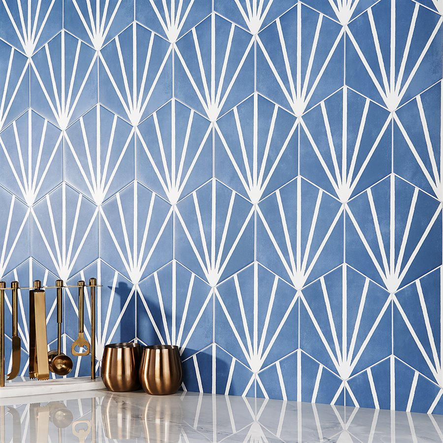 GeoHex Deco 8" Porcelain Tile, Blue