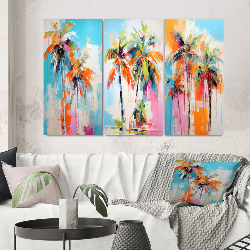 «Palm Trees Palm», 3 pièces sur toile, Toile tendue, H 32 po x l 48 po