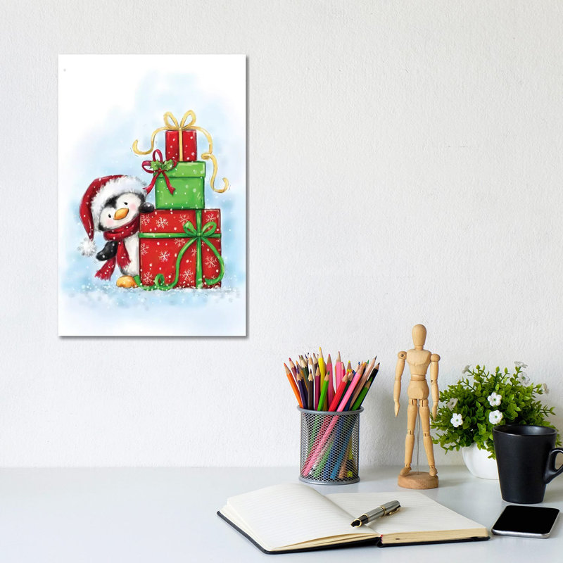 Penguin And Presents by MAKIKO - Wrapped Canvas Print, 20.32 cm H x 30.48 cm W