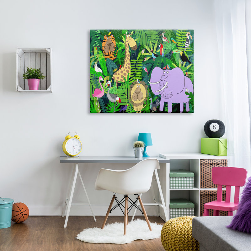 Illustration safari ludique d'animaux dans la jungle verte, H 36 po x l 48 po, Toile tendue