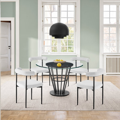 Milleigh 5 Piece 48" Round Glass Dining Table Set with Metal Frame and Fabric Upholstered Chairs