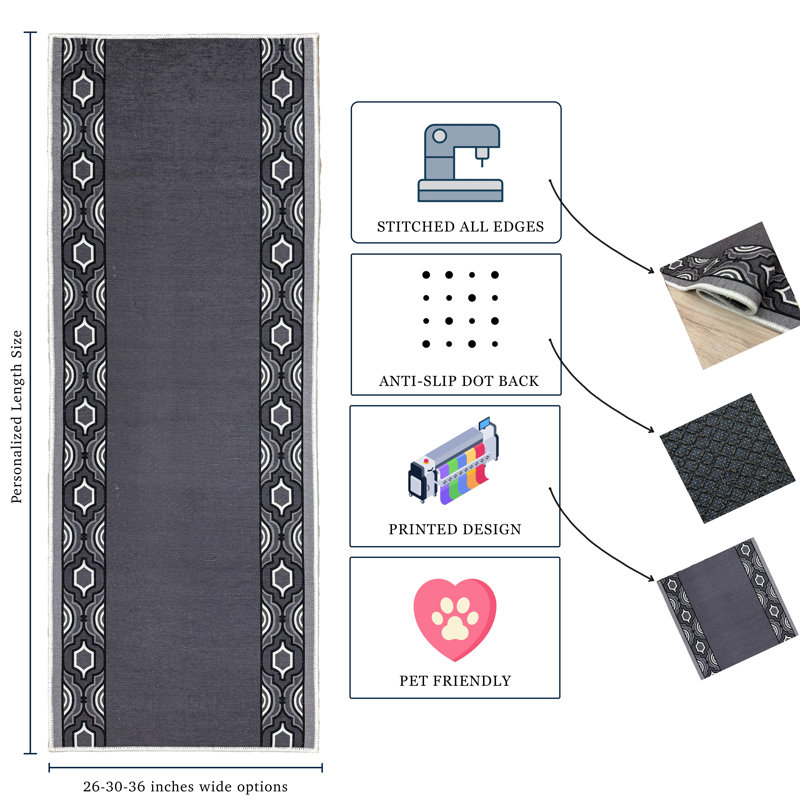Tapis gris antidérapant sur mesure, Tapis de couloir 2 pi 8 po x 22 pi