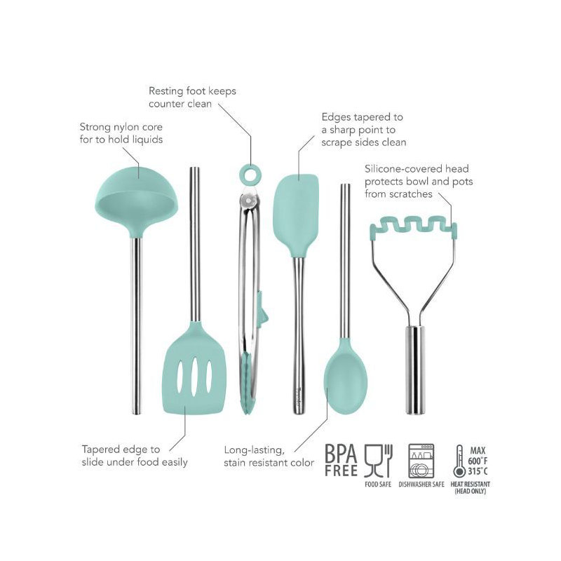 Silicone Utensil Set of 6 - Black, Light Aqua