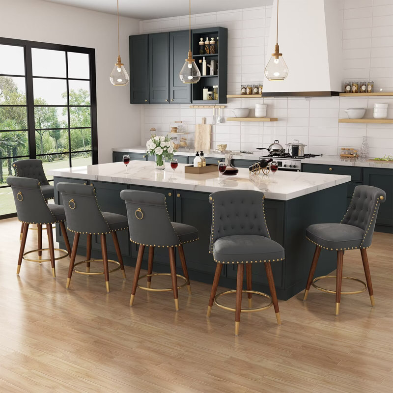 Swivel 24.00'' Counter Stool, Counter Height Bar Stools, 360°Swivel Upholstered Barstools with Back and Footrest for Kitchen Island, Solid Wood Legs